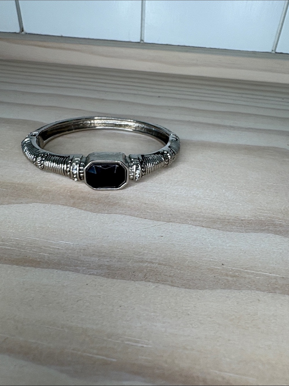 Sterling-Style Silver Bracelet with Black Stone Accent